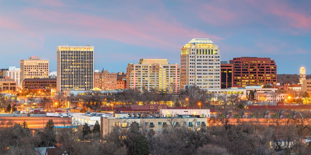 Skyline view of Colorado Springs, Colorado during the winter months
