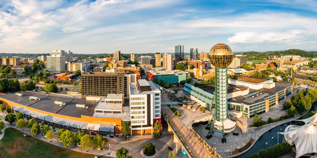 Aerial and skyline view of Knoxville, Tennessee during the day